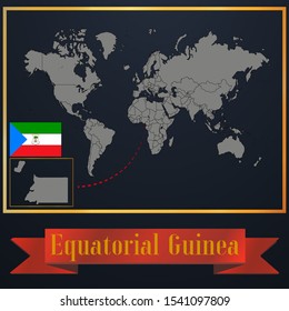 Equatorial Guinea, Malabo national flag, realistic globe world map blank template, solid country outline silhouette, atlas for infographic, vector illustration set, isolated object, background