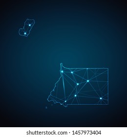 Equatorial Guinea Map - Abstract geometric mesh polygonal network line, structure and point scales on dark background with lights in the form of cities. Vector illustration eps 10.