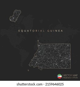 Equatorial Guinea map abstract geometric mesh polygonal light concept with black and white glowing contour lines countries and dots on dark background. Vector illustration.