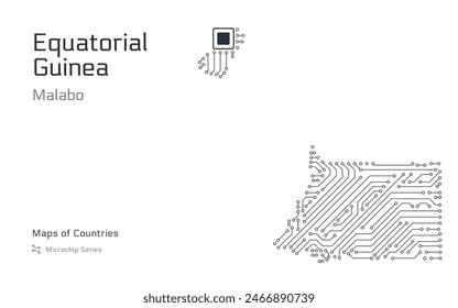 Equatorial Guinea Map with a capital of Malabo City Shown in a Microchip Pattern with processor. E-government. World Countries vector maps. Microchip Series	