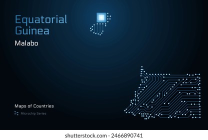 Karte von Äquatorialguinea mit einer Hauptstadt von Malabo, in einem Mikrochip mit Prozessor dargestellt. E-Government. In: World Countrys Vektorgrafik Maps. Mikrochipserie	