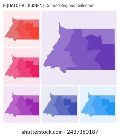 Equatorial Guinea map collection. Country shape with colored regions. Deep Purple, Red, Pink, Purple, Indigo, Blue color palettes. Border of Equatorial Guinea with provinces for your infographic.