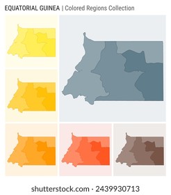 Equatorial Guinea map collection. Country shape with colored regions. Blue, Grey, Yellow, Amber, Orange, Deep Orange, Brown color palettes.