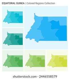 Equatorial Guinea map collection. Country shape with colored regions. Light Blue, Cyan, Teal, Green, Light Green, Lime color palettes. Border of Equatorial Guinea with provinces for your infographic.