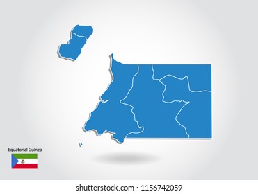equatorial Guinea map design with 3D style. Blue equatorial Guinea map and National flag. Simple vector map with contour, shape, outline, on white.