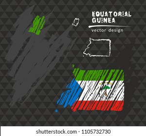 Equatorial Guinea map with flag inside on the black background. Chalk sketch vector illustration