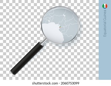 Mapa de Guinea Ecuatorial con bandera en lupa sobre fondo transparente. Voz vectorial con mapa.