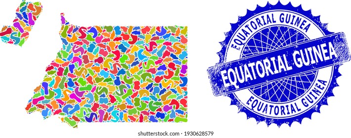 Equatorial Guinea map flat illustration. Splash mosaic and grunge stamp for Equatorial Guinea map. Sharp rosette blue stamp seal with text for Equatorial Guinea map.