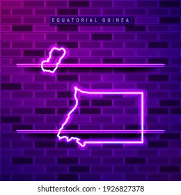 Equatorial Guinea map glowing neon lamp sign. Realistic vector illustration. Country name plate. Purple brick wall, violet glow, metal holders.