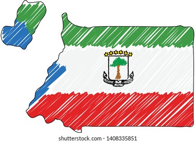 Equatorial Guinea map hand drawn sketch. Vector concept illustration flag, childrens drawing, scribble map. Country map for infographic, brochures and presentations isolated on white background