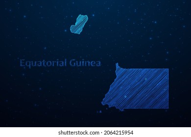 Mapa de Guinea Ecuatorial dibujado a mano dibujando un dibujo de garabatos.Mapa vectorial de estilo futurista sobre fondo del espacio azul oscuro. Ilustración vectorial.