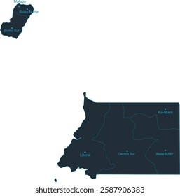 Equatorial Guinea map high detailed with administrative divide by state, capital cities names, outline simplicity style. Vector illustration EPS10.