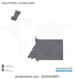 Mapa da Guiné Equatorial altamente detalhado com regiões e cidades do país sobre fundo branco. Ilustração vetorial EPS10.