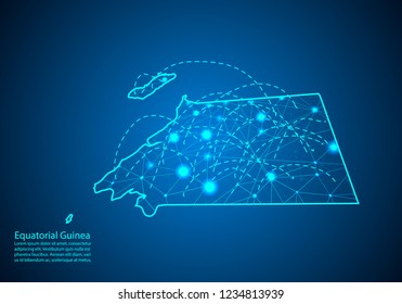 equatorial Guinea map with nodes linked by lines. concept of global communication and business. Dark equatorial Guinea map created from white dots with travel locations or internet connection.