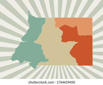 Equatorial Guinea map. Poster with map of the country in retro color palette. Shape of Equatorial Guinea with sunburst rays background. Vector illustration.