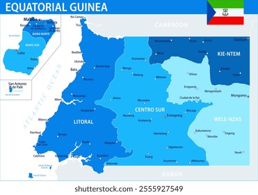 Equatorial Guinea Map Vector Blue Spot - Customizable layered political map of Equatorial Guinea with administrative divisions for website, education, reports, news, politics, print, poster