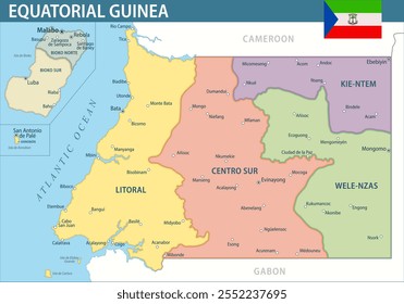 Equatorial Guinea Map Vector New 2024 Colorful - Customizable layered political map of Equatorial Guinea with administrative divisions for website, education, reports, news, politics, print, poster