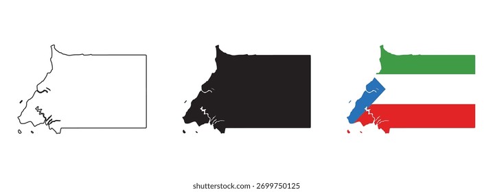 Equatorial Guinea map vector set with editable country outline black silhouette and national flag featuring green white red blue stripes with tree emblem for education, travel, and design use