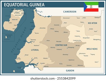 Equatorial Guinea Map Vector Vintage Dark Blue Beige - Customizable layered political map of Equatorial Guinea with administrative divisions for website, education, reports, news, politics, print