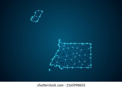 Mapa de Guinea Ecuatorial - Línea maestra del Mapa Mundial y escalas puntuales sobre el fondo de la tecnología azul. Malla 3D del marco de cables línea de red poligonal, esfera de diseño, punto y estructura - Ilustración vectorial eps 10
