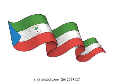 Equatorial Guinea national flag waving ribbon shape with engraved vintage texture