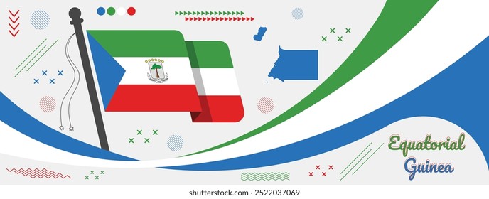 Anuncio nacional o del día de la independencia de Guinea Ecuatorial con mapa y bandera, ideal para celebraciones patrióticas, orgullo nacional y eventos