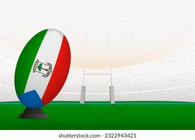 Equatorial Guinea national team rugby ball on rugby stadium and goal posts, preparing for a penalty or free kick. Vector illustration.