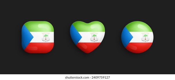 Equatorial Guinea Official National Flag 3D Vector Isolated Glossy Icons In Rounded Square, Heart And Circle Form. Guinean Sign And Symbols Graphic Design Elements Volumetric Buttons Collection