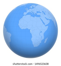 Equatorial Guinea on the globe. Earth centered at the location of the Republic of Equatorial Guinea. Map of Equatorial Guinea. Includes layer with capital cities.
