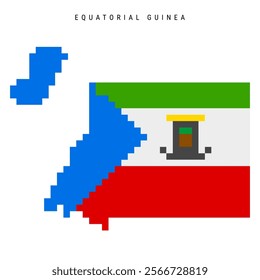 Equatorial Guinea pixel flag map icon. 8 bit pixel art Republic of Equatorial Guinea map covered with flag. Flat vector illustration isolated on white background.