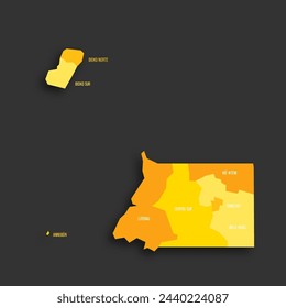 Equatorial Guinea political map of administrative divisions - provinces. Yellow shade flat vector map with name labels and dropped shadow isolated on dark grey background.
