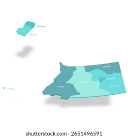 Mapa político das divisões administrativas da Guiné Equatorial - províncias. Mapa de vetor turquesa 3D com rótulos de nome.