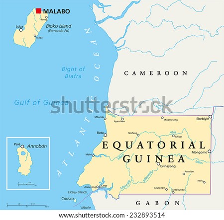 Equatorial Guinea Political Map with capital Malabo, national borders, important cities and rivers. English labeling and scaling.