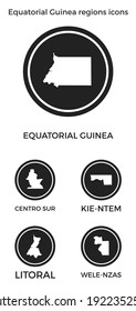 Equatorial Guinea regions icons. Black round logos with country regions maps and titles. Vector illustration.