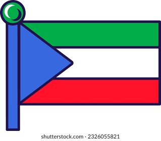 Equatorial guinea republic flag on flagpole vector. Horizontal tricolor of green, white and red with blue isosceles triangle, national coat of arms in centre of symbol flat cartoon illustration