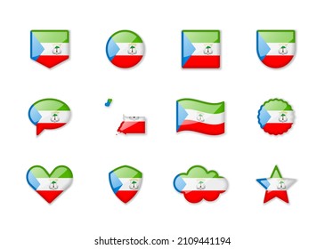 Equatorial Guinea - set of shiny flags of different shapes. Vector illustration