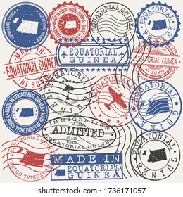 Equatorial Guinea Set of Stamps. Travel Passport Stamps. Made In Product Design Seals in Old Style Insignia. Icon Clip Art Vector Collection.