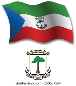 equatorial guinea shadowed textured wavy flag and coat of arms against white background, vector art illustration, image contains transparency transparency