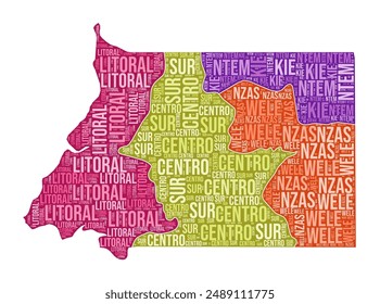 Equatorial Guinea shape. Country word cloud with region division. Equatorial Guinea colored illustration. Region names cloud. Vector illustration.