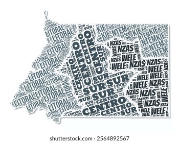 Equatorial Guinea shape text cloud. Country border with shadow on white background. Equatorial Guinea with regions division in vintage gazette style. Trending vector illustration.