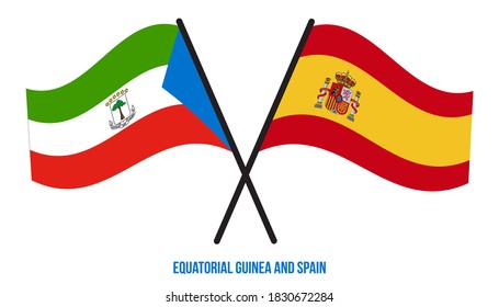 Banderas de Guinea Ecuatorial y España Cruzadas y ondeando estilo plano. Proporción oficial.