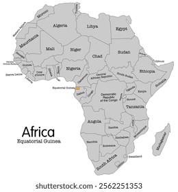 Equatorial Guinea vector map silhouette isolated on Africa map. Editable vector map of Africa.Editable vector map of Africa highlighting Equatorial Guinea. Ideal for educational, geographical