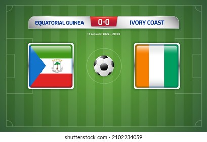 Equatorial Guinea vs Ivory Coast scoreboard broadcast template for sport soccer africa tournament 2021 Group E and football championship in cameroon vector illustration