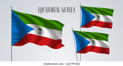 Equatorial Guinea waving flag set of vector illustration. Red white colors and tree wavy realistic flag as a patriotic symbol 