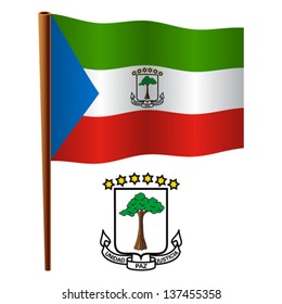 equatorial guinea wavy flag and coat of arms against white background, vector art illustration, image contains transparency