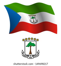 equatorial guinea wavy flag and coat of arms against white background, vector art illustration, image contains transparency