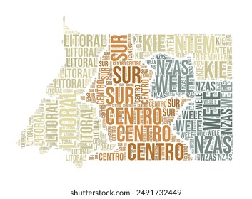 Equatorial Guinea Word Cloud. Country shape with region division. Equatorial Guinea typography style image. Region names tag clouds. Vector illustration.