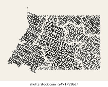 Equatorial Guinea Word Cloud. Country with regions division. Equatorial Guinea typographic text clouds vector image design. Vintage gazette style country shape image. Vibrant vector illustration.