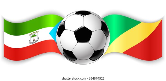 Equatorial Guinean and Congolese wavy flags with football ball. Equatorial Guinea combined with Republic of the Congo isolated on white. Football match or international sport competition concept.
