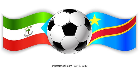 Equatorial Guinean and Congolese wavy flags with football ball. Equatorial Guinea combined with Democratic Republic of the Congo isolated on white. Football or international sport competition concept.